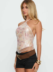 Udelle Sequin Fringey Halter Top Cream Sequin