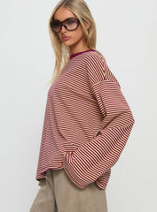 Settle Down Long Sleeve Top Lemon / Burgundy Stripe