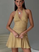 Sayla Halter Ruched Mini Dress Yellow Check