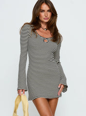 Lost Focus Long Sleeve Keyhole Mini Dress Black Stripe