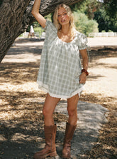 Embracing Puff Sleeve Swing Mini Dress Blue Check