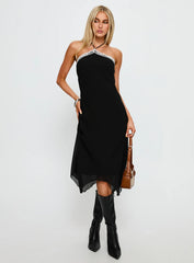Naila Halter Lace Trim Midi Dress Black