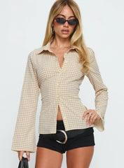 Eryx Tie Back Button Up Top Apricot Check