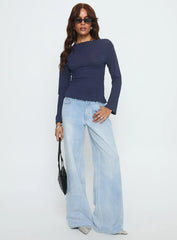 Bradly Shirred Long Sleeve Top Navy