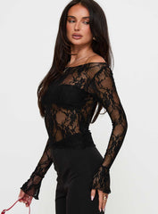 Junah Sheer Lace Long Sleeve Top Black