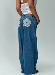 A Keeper Flower Patch Low Rise Wide Leg Jeans Mid Blue