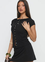 Angellina Jersey Button Down Top Black