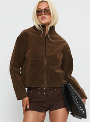 Jessalynn Faux Suede Zip Through Jacket Brown