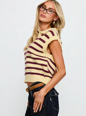 Yuliya Collared Sleeveless Top Lemon / Burgundy Stripe
