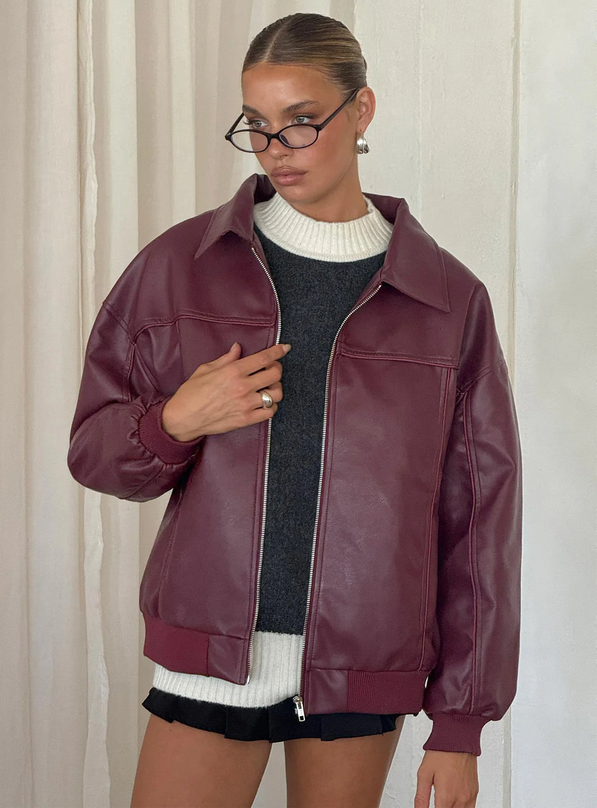 Goldsmith Faux Leather Bomber Jacket Burgundy