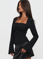 Flounce Long Sleeve Top Black
