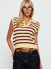 Yuliya Collared Sleeveless Top Lemon / Burgundy Stripe