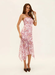 Coralis Strapless Asymmetrical Midi Dress Pink Paisley